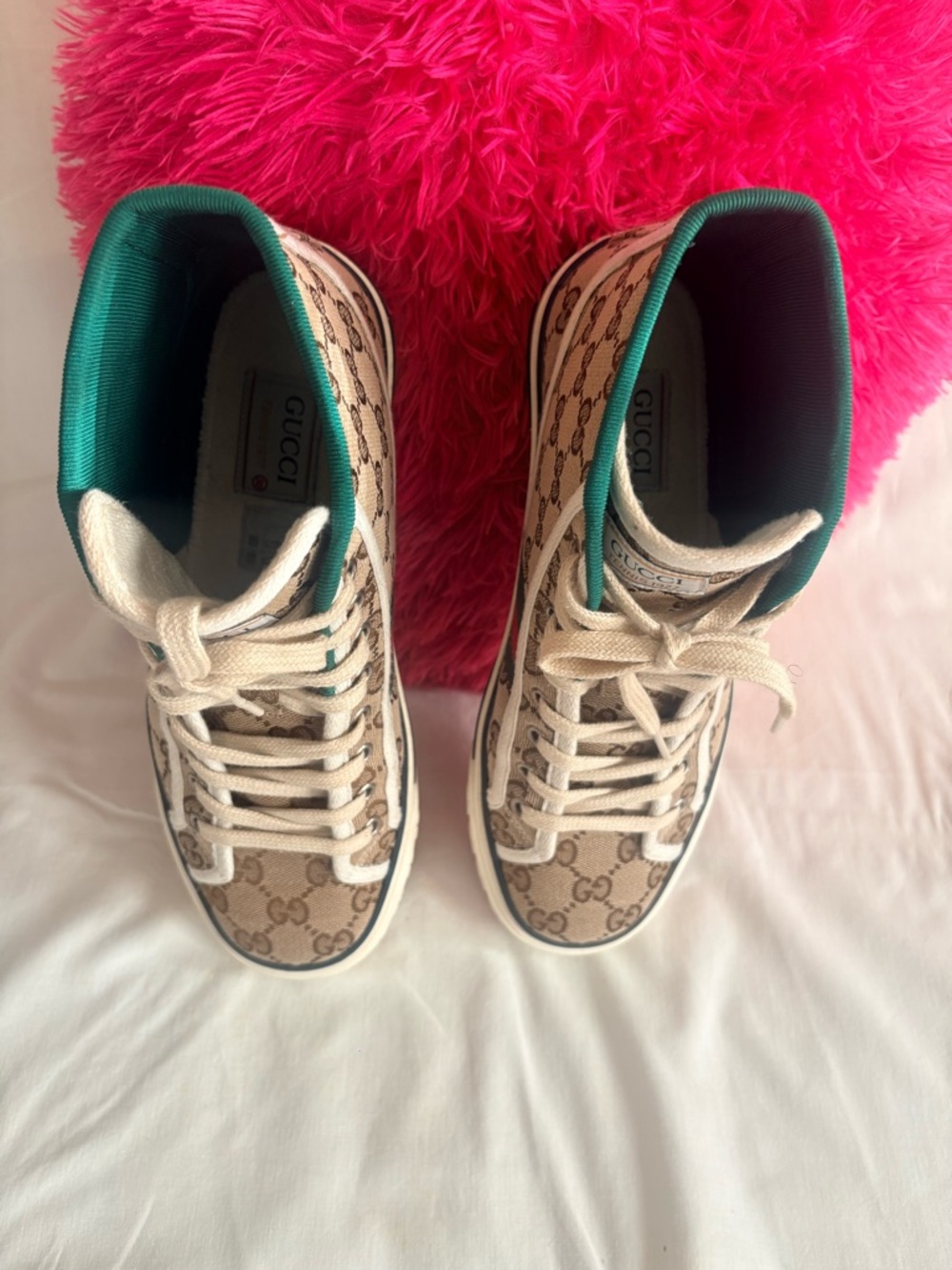 Gucci Women Beige GG Canvas High-Top Sneakers with Green and Red Trim - Picture 4 of 10